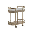 Decorative bar cart with aged gold frame and white marble shelf