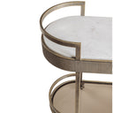 Decorative bar cart with aged gold frame and white marble shelf