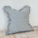 Navy Blue Stripe Linen Cushion Cover with Ruffled Edge