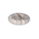 Rounded beige stone bowl with unique grey and warm marble veining.