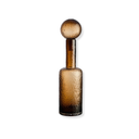 Textured brown glass decorative bottle with sculptural globe and elongated neck.