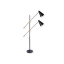 Modern Conical twin head floor lamp with matt black shades and base with a brass stem.