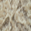 A close-up of faux fur fabric with a mottled animal print pattern in beige, cream, brown, and gray tones.