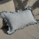 Navy striped linen cushion cover with ruffled edge