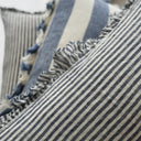 Navy striped linen cushion cover with ruffled edge