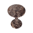 Red stone side table with round tabletop, natural veining and bobbin pedestal.