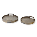 Set of mango wood serving trays with smoke gold iron surround and natural textured finish
