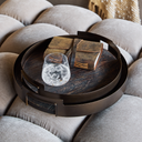 Sandblasted mango wood trays with smoke gold iron frame and integrated handles