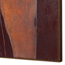 Textured abstract wall artwork in rich earthy tones with layered forms and pine wood frame
