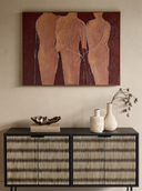 Contemporary textured canvas wall art with layered abstract forms in terracotta and deep red tones