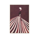 A framed art print featuring a stylized fashion illustration of a woman in profile wearing a voluminous dress with bold diagonal stripes in cream, burgundy. 