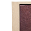 Close-up detail of a light natural wood frame with a textured dark burgundy panel on a white background.