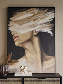 Elegant abstract portrait wall art in soft neutral tones with textured canvas and pine frame